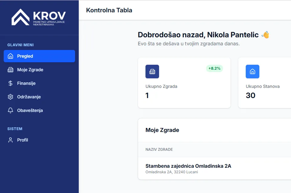 KROV softver za upravljanje stambenim zgradama — kontrolna tabla